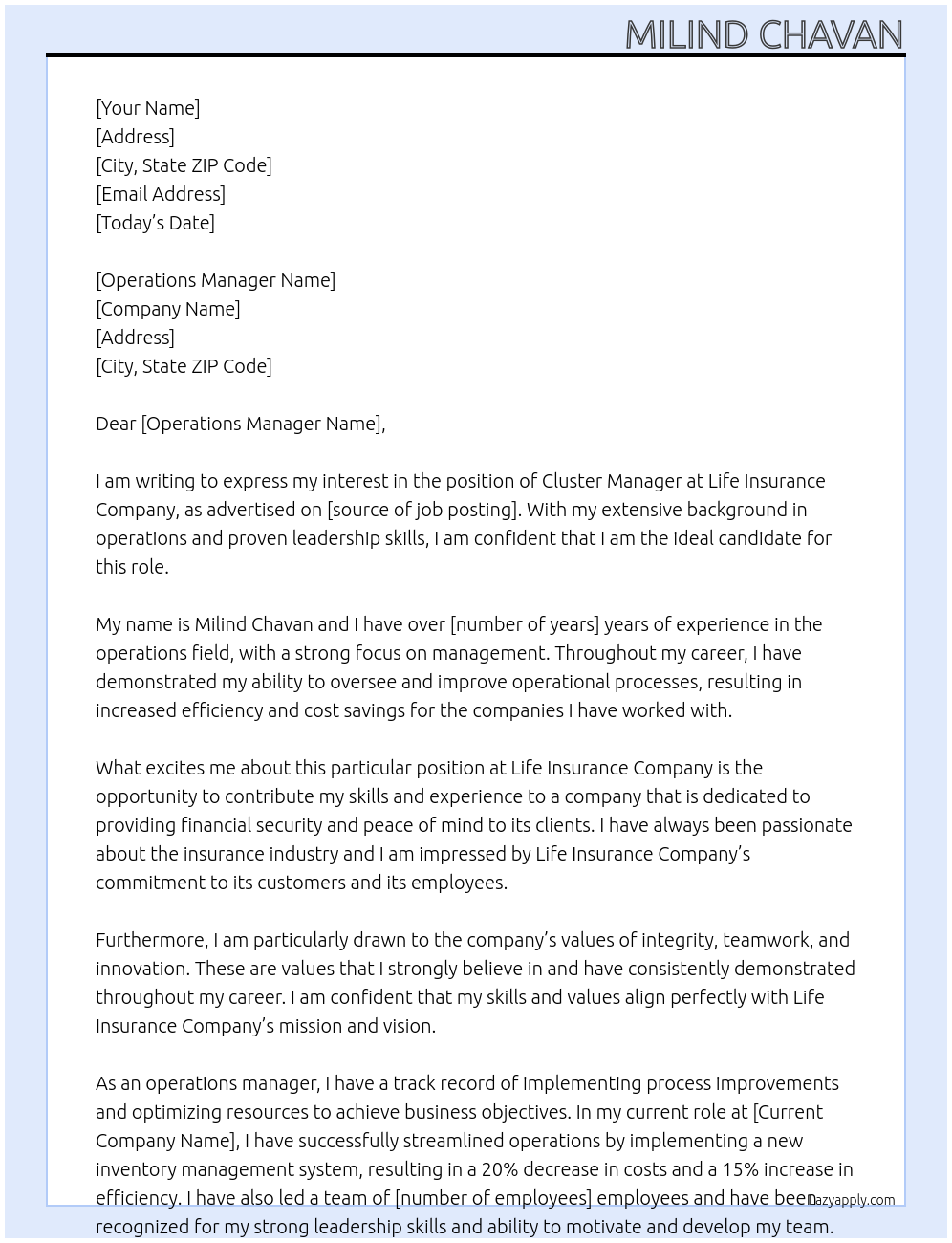 Cluster manager At Life Insurance compant Cover Letter