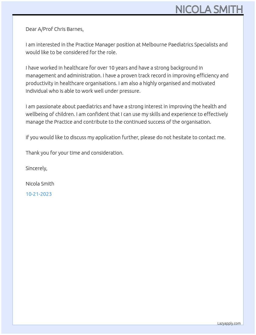 Practice Manager At Melbourne Paediatrics Specialists Cover Letter