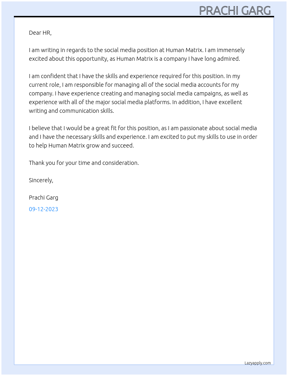 social media At Human Matrix Cover Letter