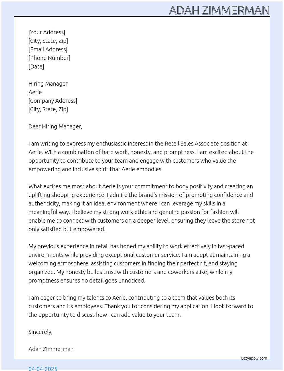 Retail Sales Associate  At Aerie Cover Letter