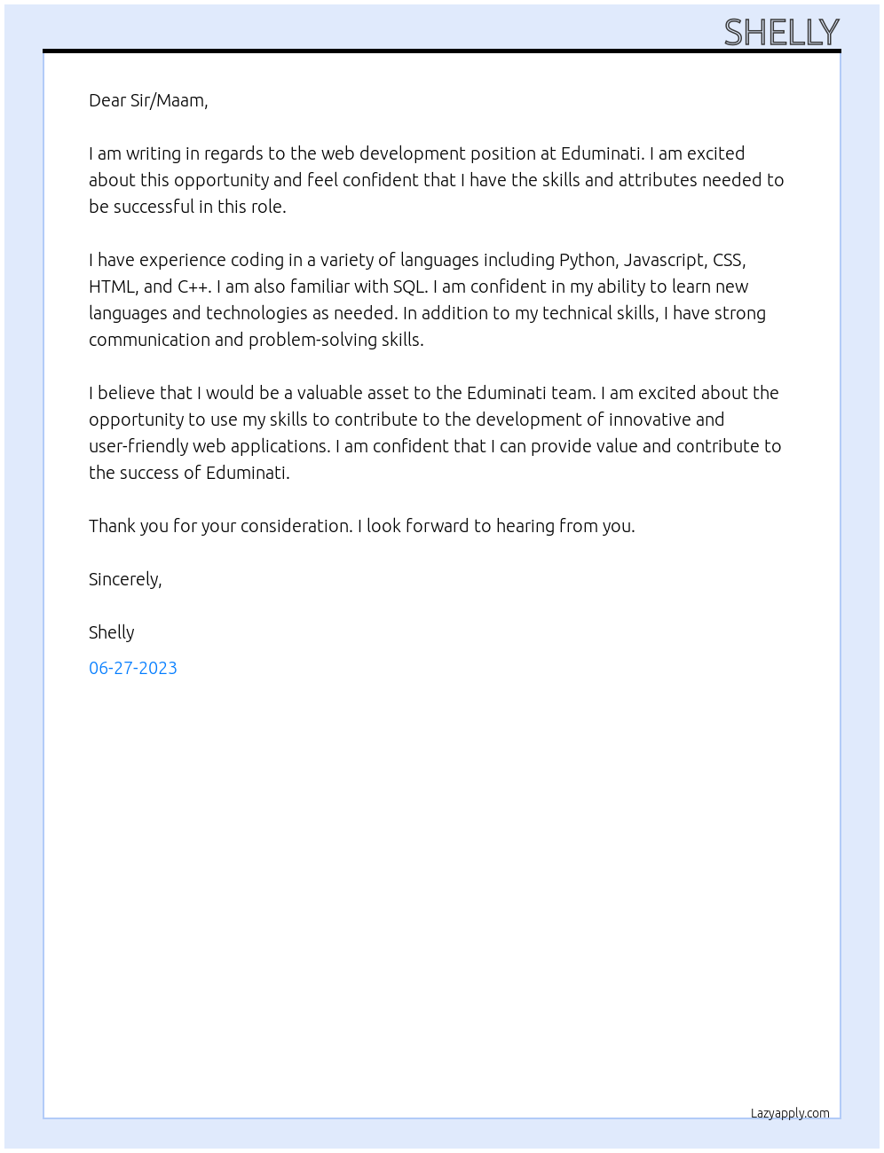 web development At eduminati Cover Letter