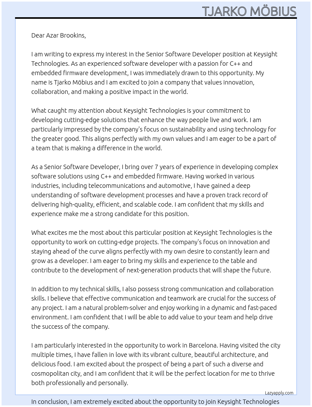 Senior Software Developer At Keysight technologies Cover Letter