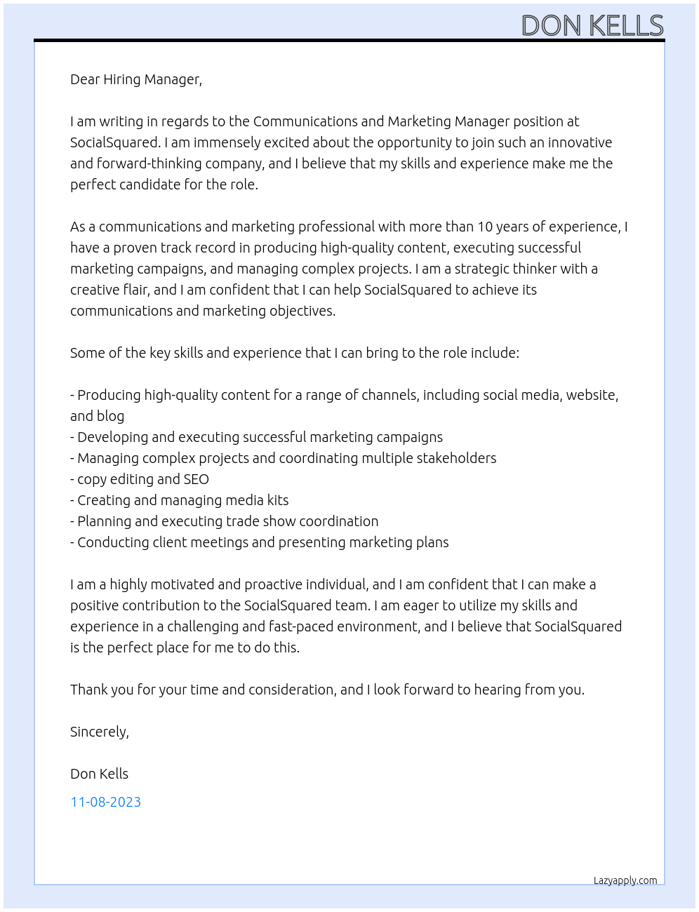 Communications and Marketing Manager At SocialSquared Cover Letter