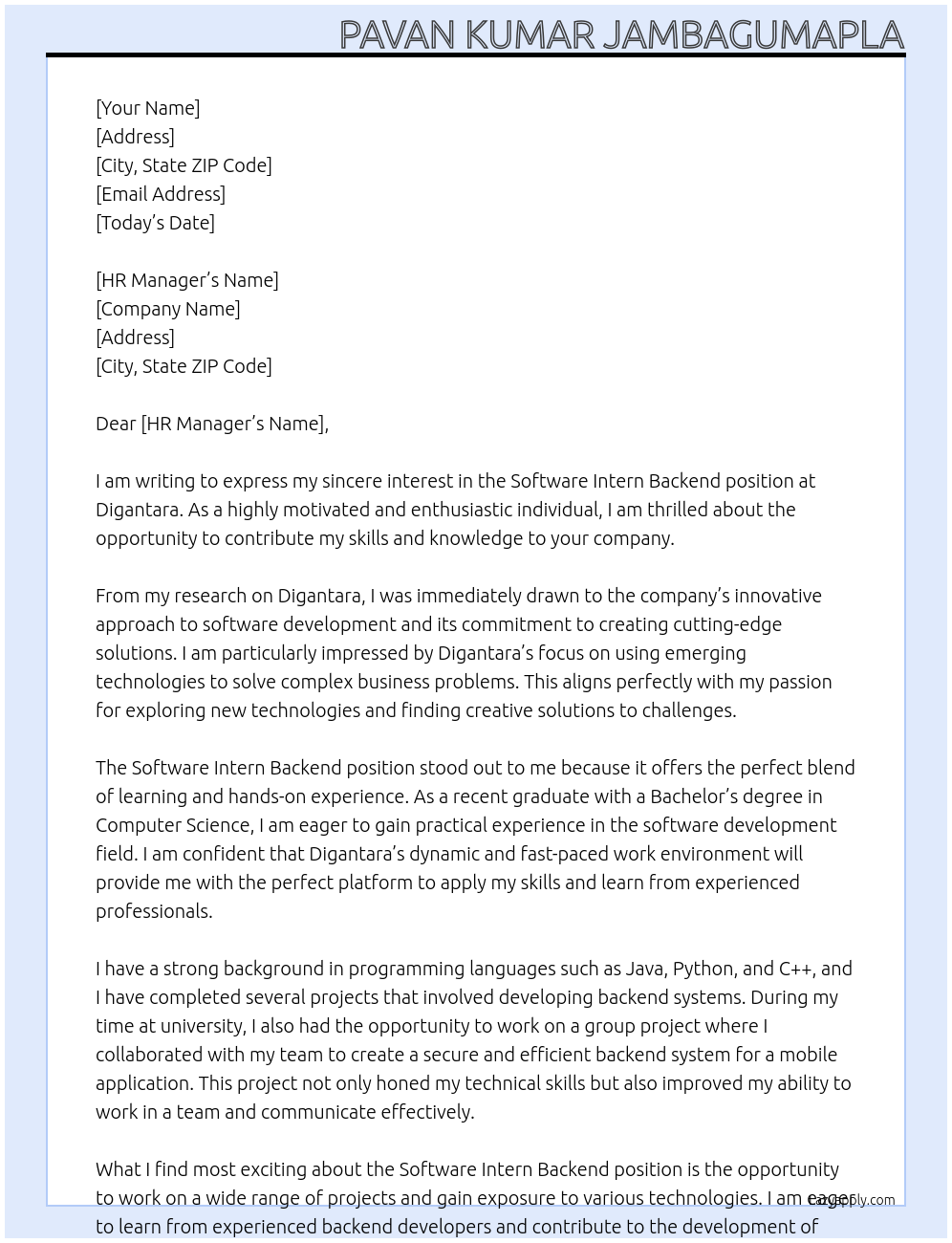Cover letter for software intern backend - LazyApply