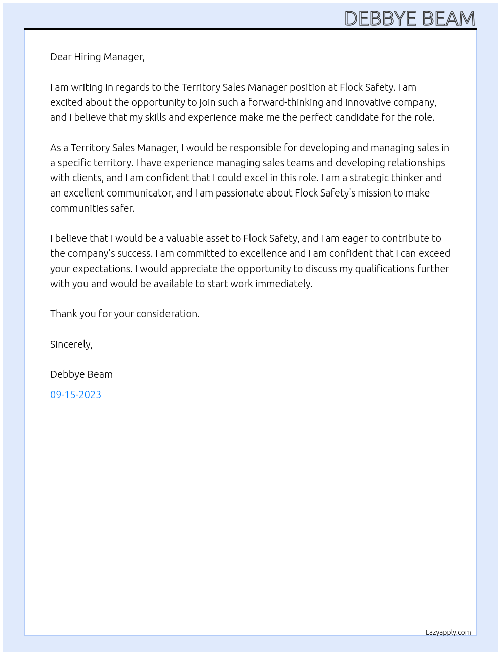 Territory Sales Manager At Flock Safety Cover Letter