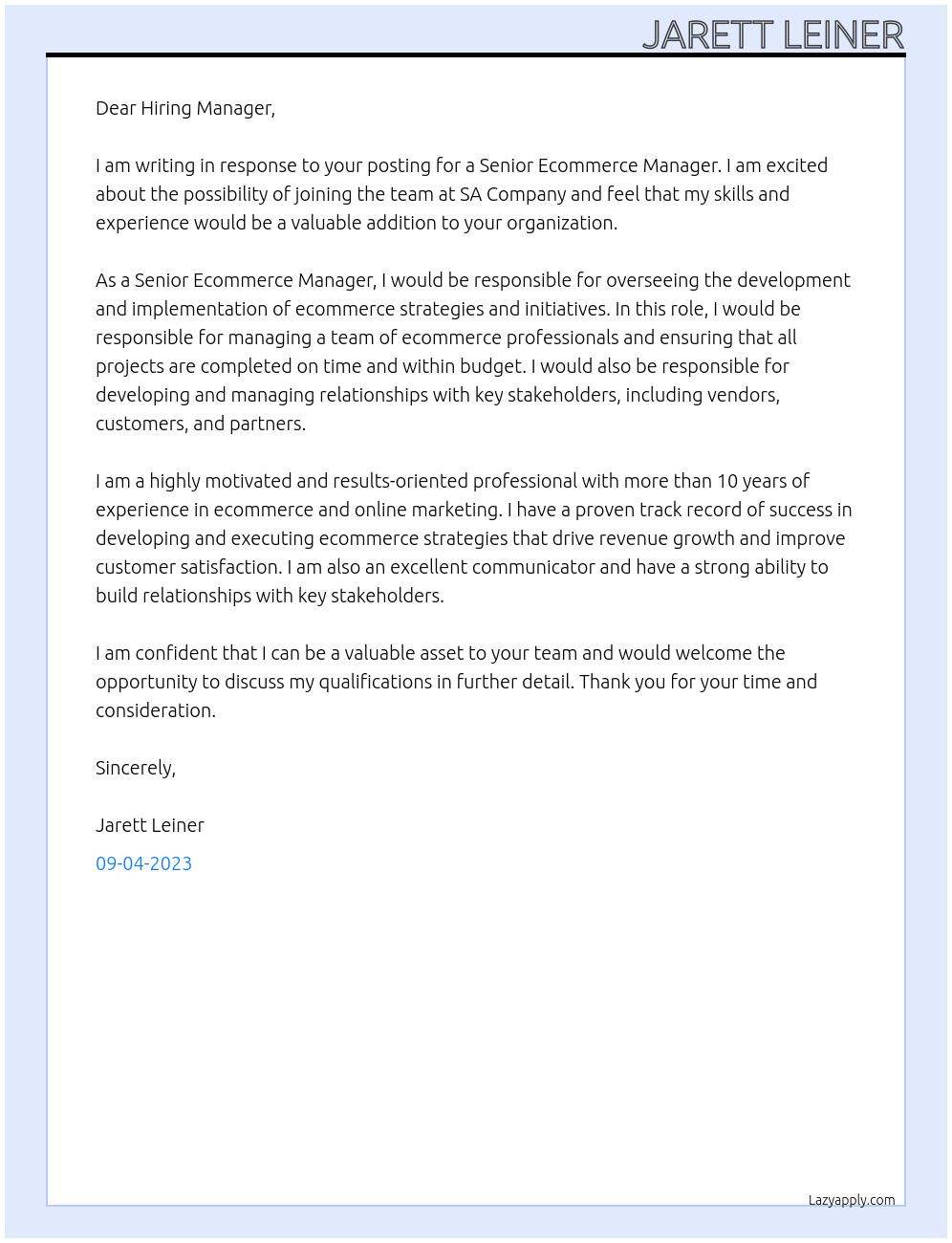 Senior Ecommerce Manager At SA Company Cover Letter