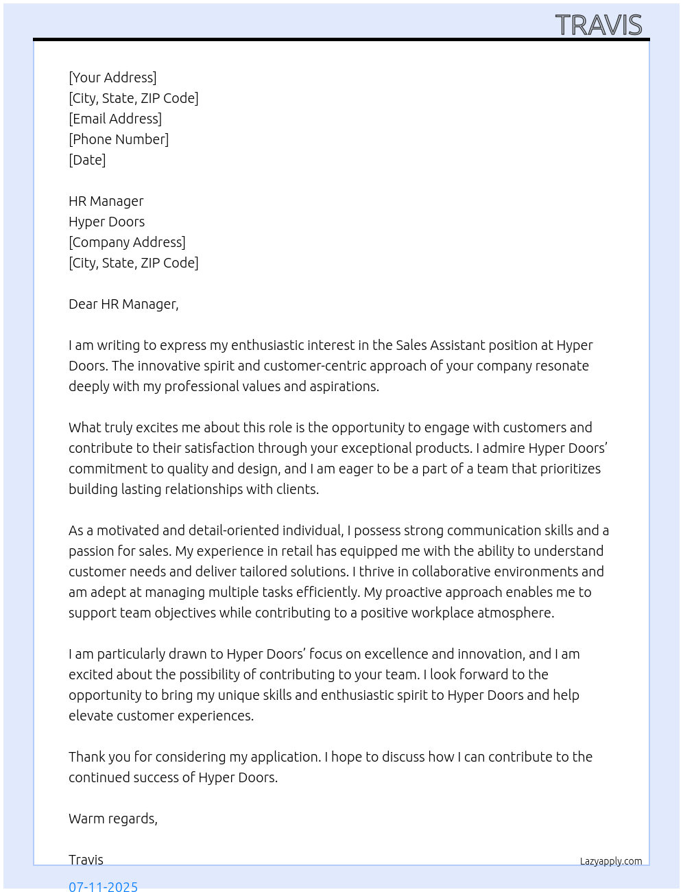 Sales Assistant At Hyper Doors Cover Letter