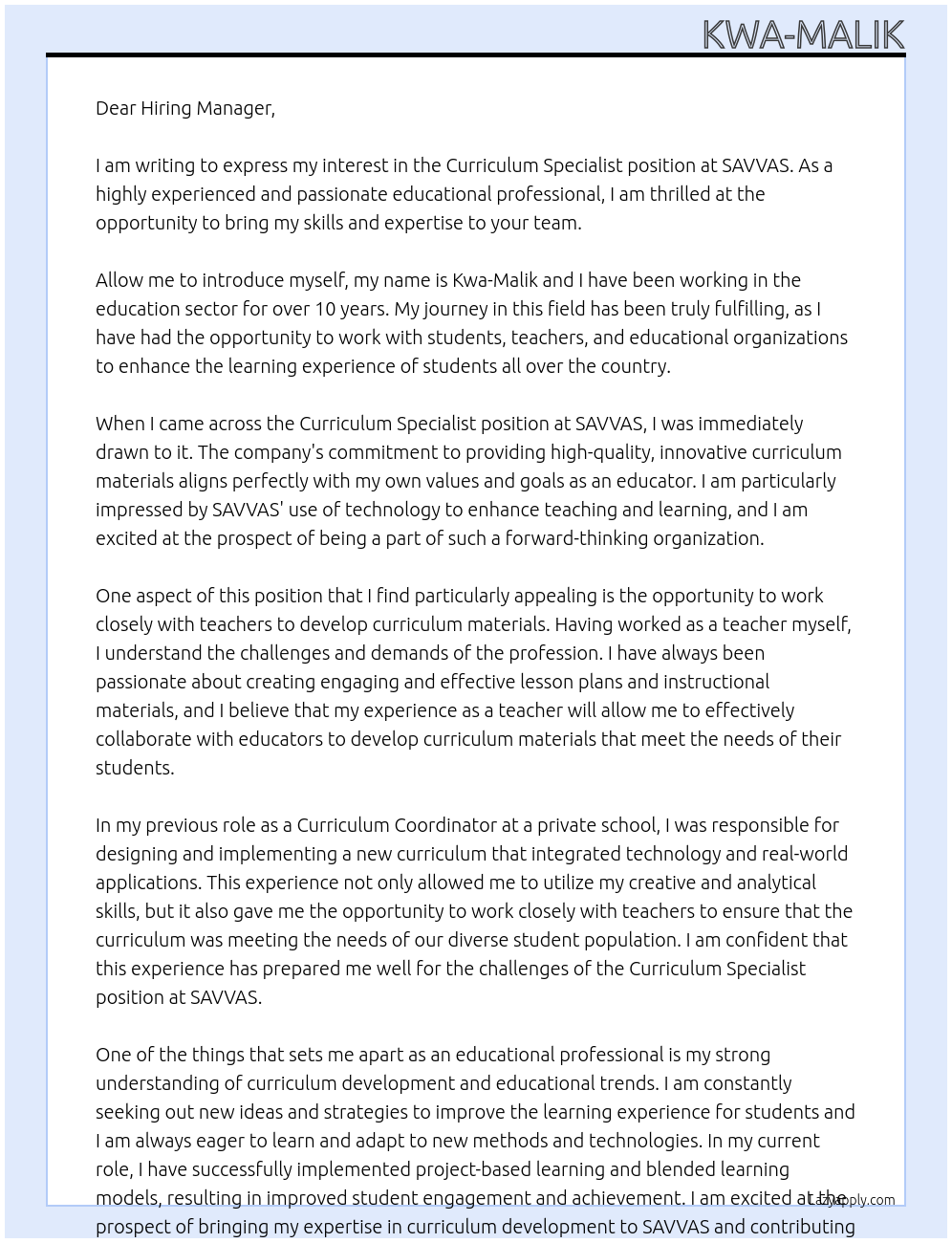 Curriculum Specialist At SAVVAS Cover Letter