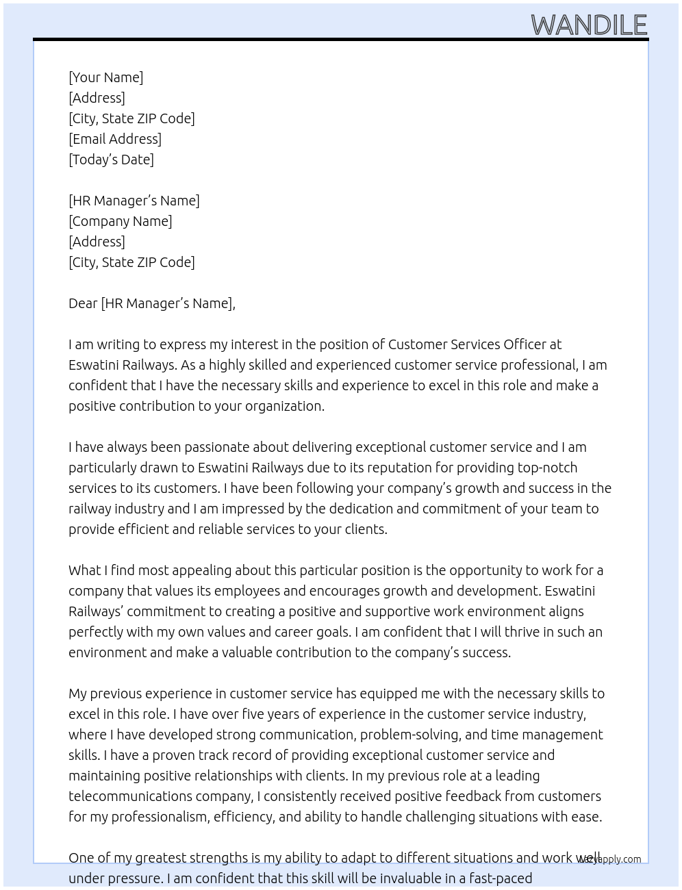 Customer Services Officer At Eswatini Railways Cover Letter