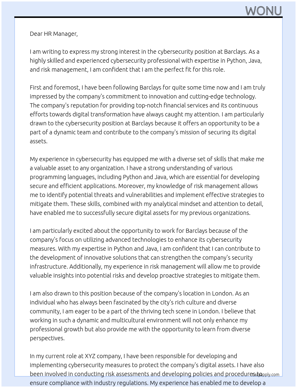 cybersecurity At Barclays Cover Letter