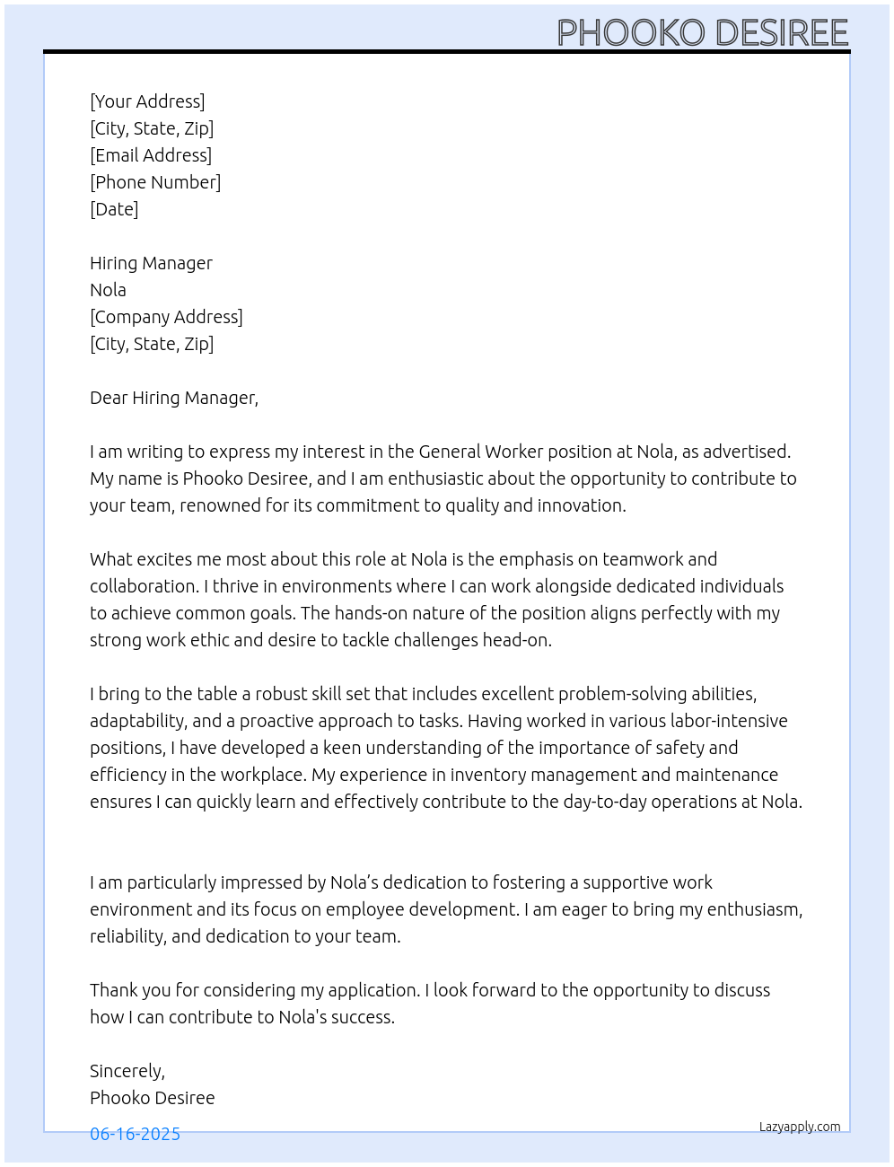 General worker At Nola Cover Letter