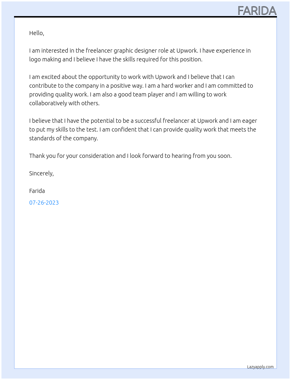 freelancer At upwork Cover Letter