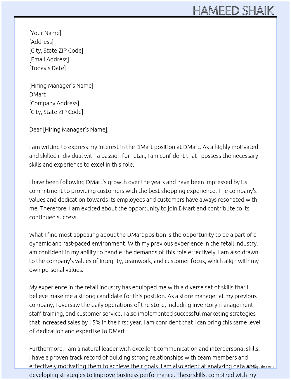 DMart At DMart  Cover Letter