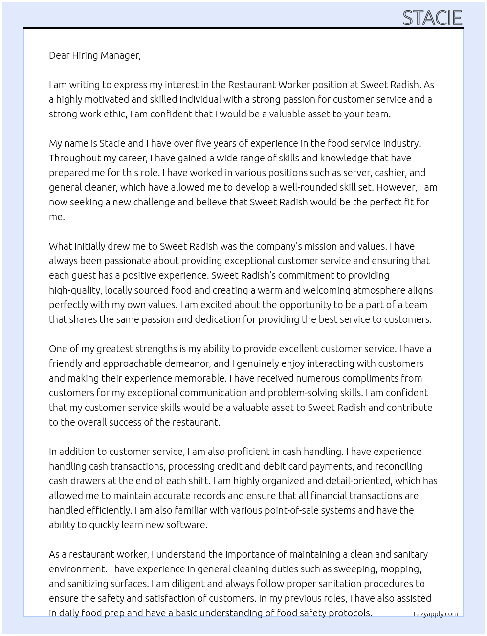 Restaurant worker At Sweet Radish Cover Letter