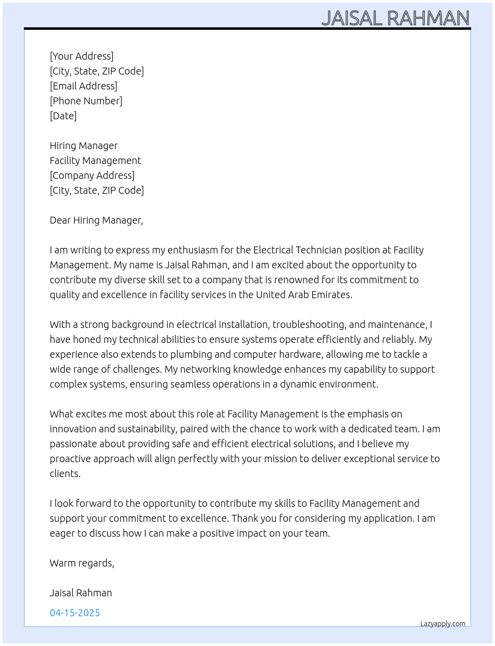Electrical Technician At Facility Management Cover Letter