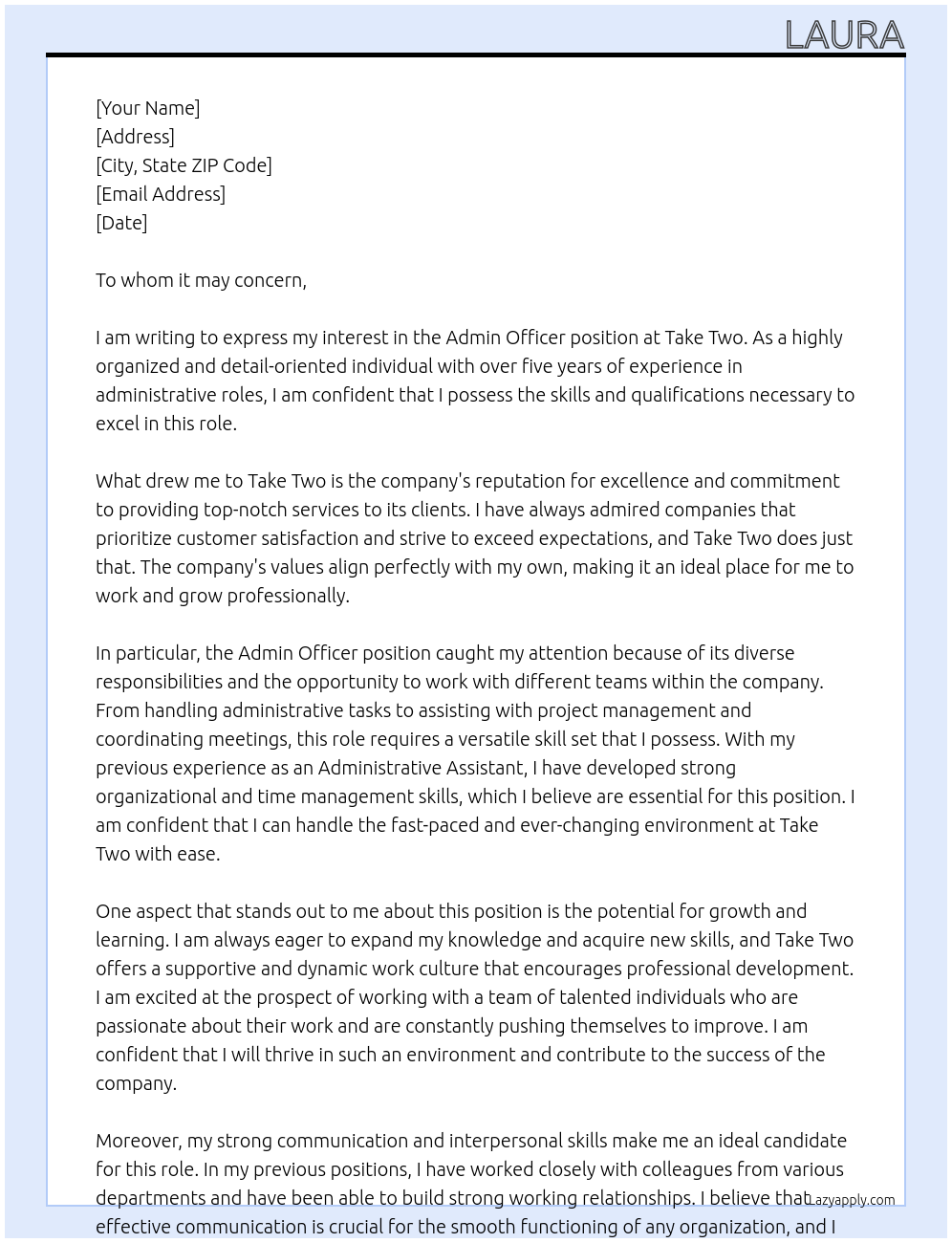 Admin officer At Take two Cover Letter