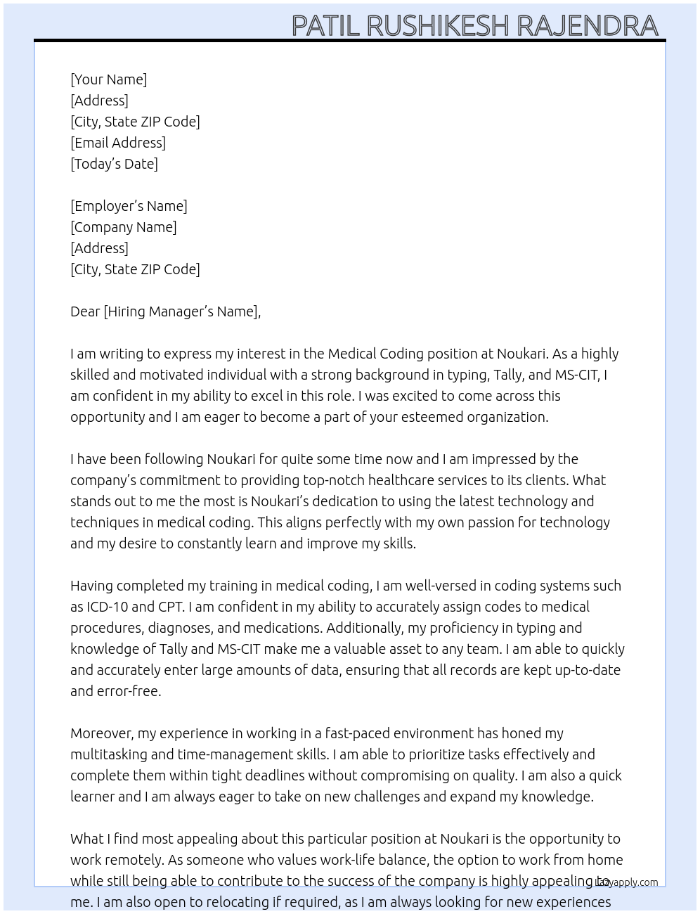 Medical coding At Noukari Cover Letter