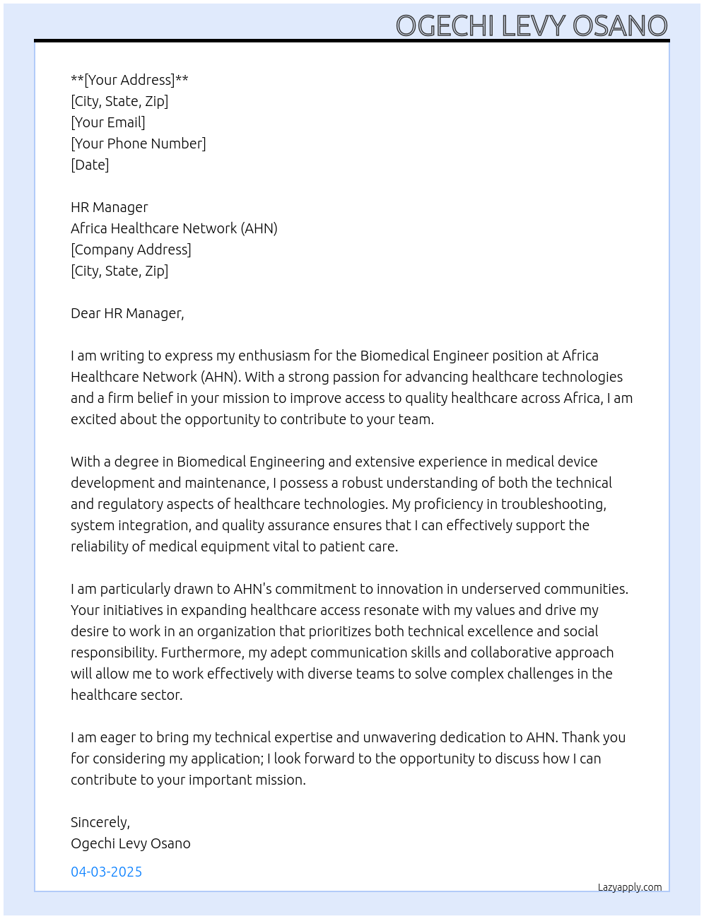 Biomedical Engineer At Africa Healthcare Network(AHN) Cover Letter
