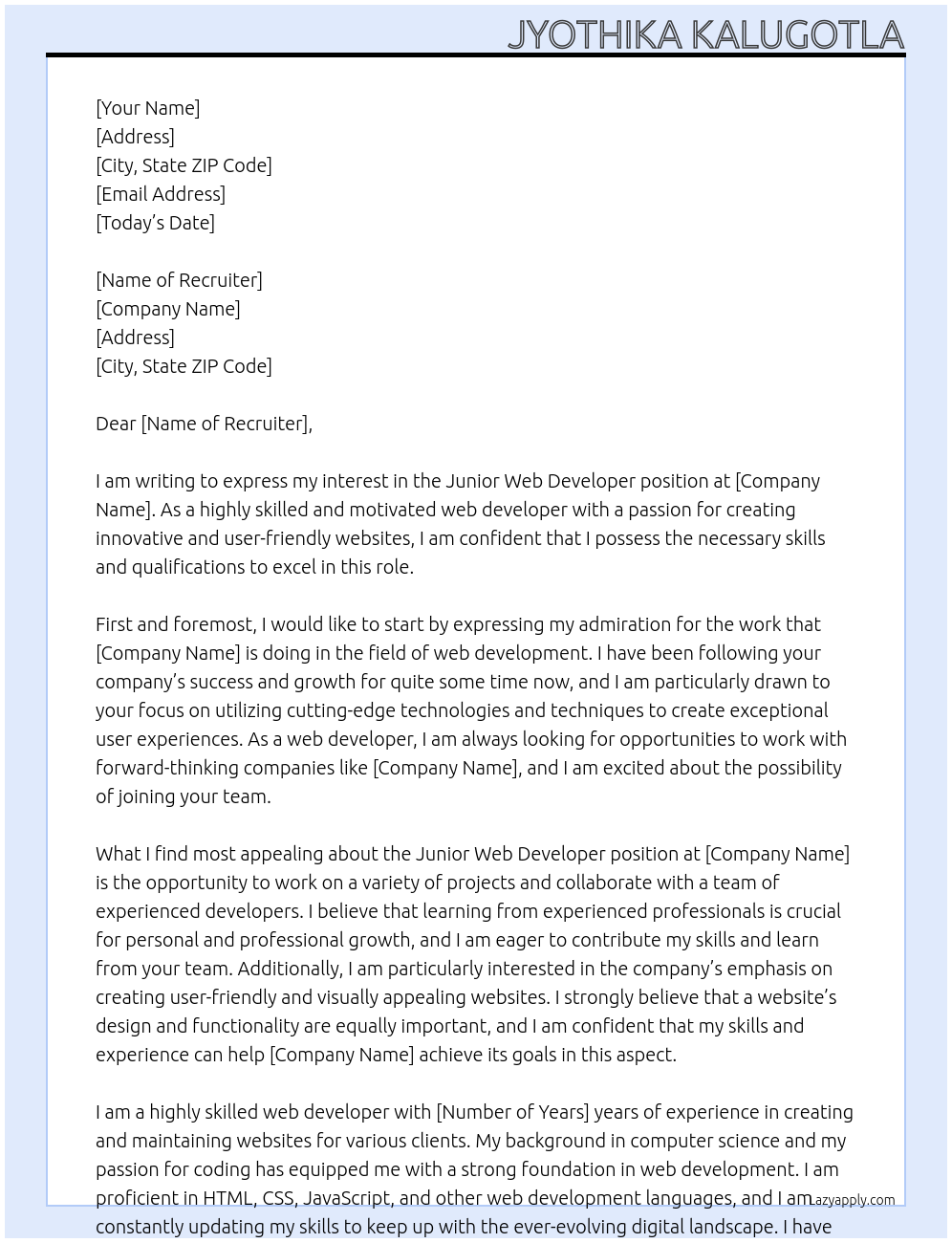 junior web developer At recrutily Cover Letter