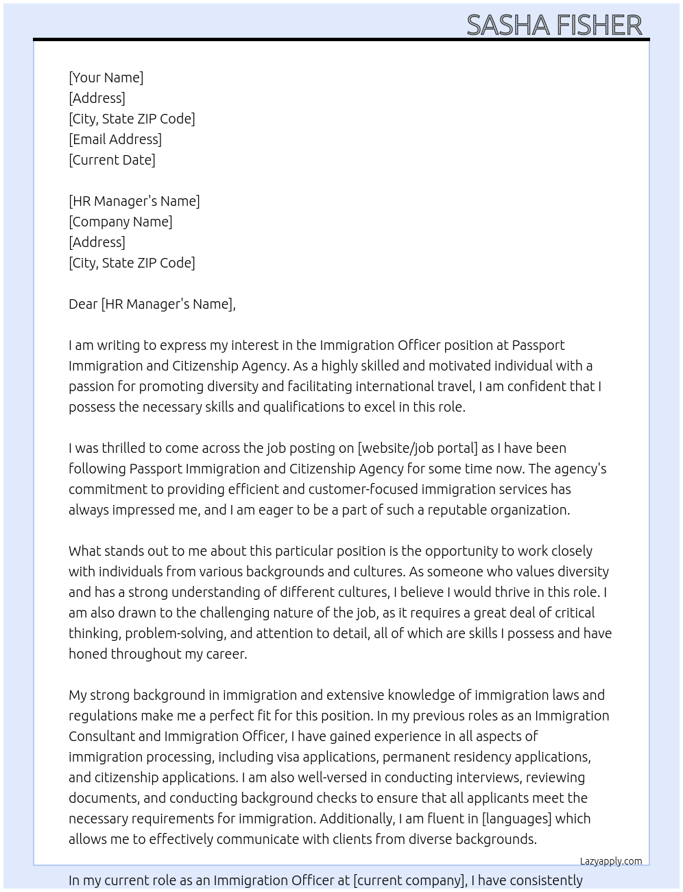 Immigration Officer At Passport Immigration and Citizenship Agency Cover Letter