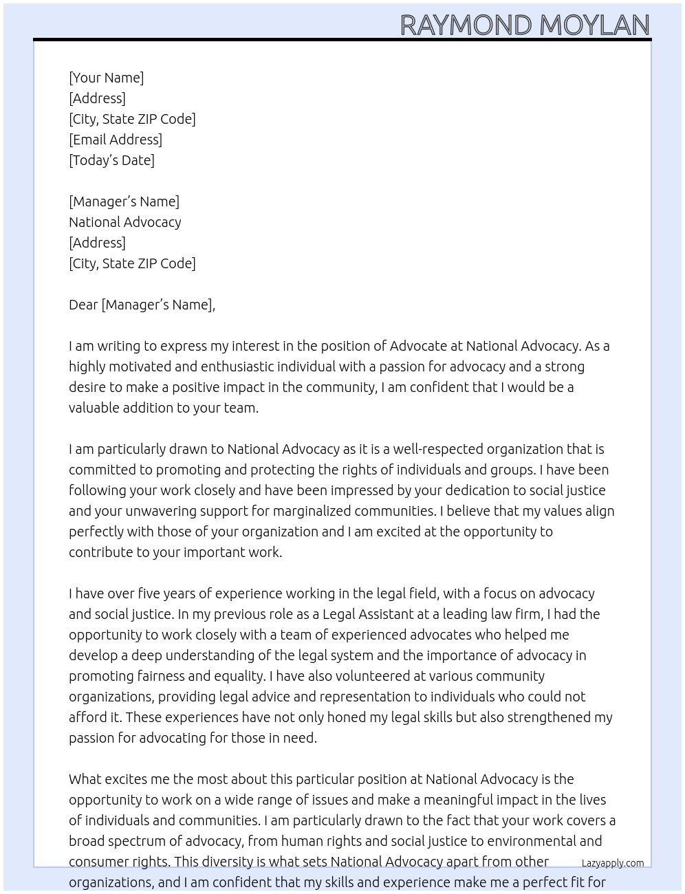 Advocate At National Advocacy Cover Letter
