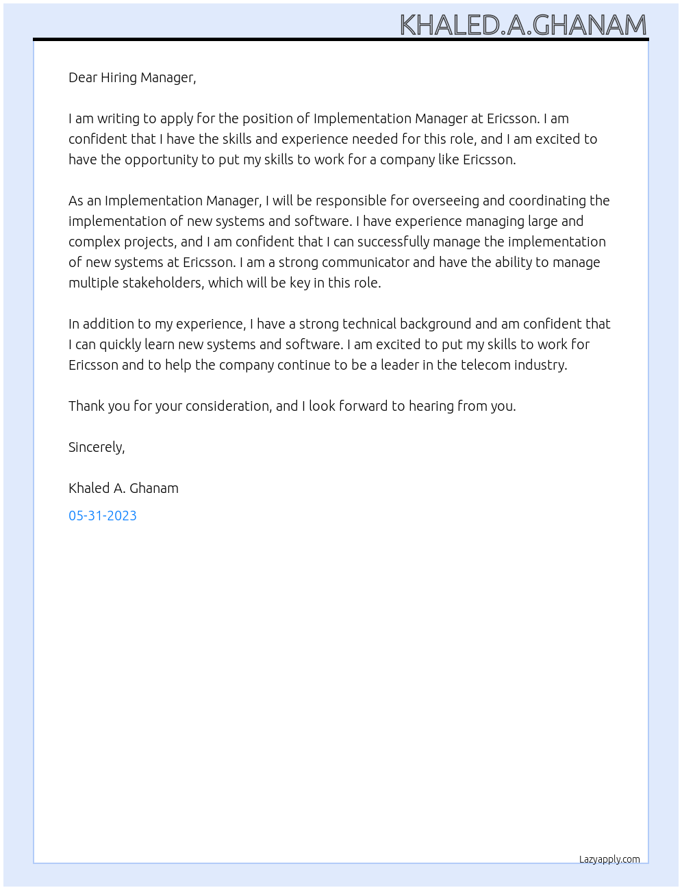 Implementation manager At Ericsson Cover Letter