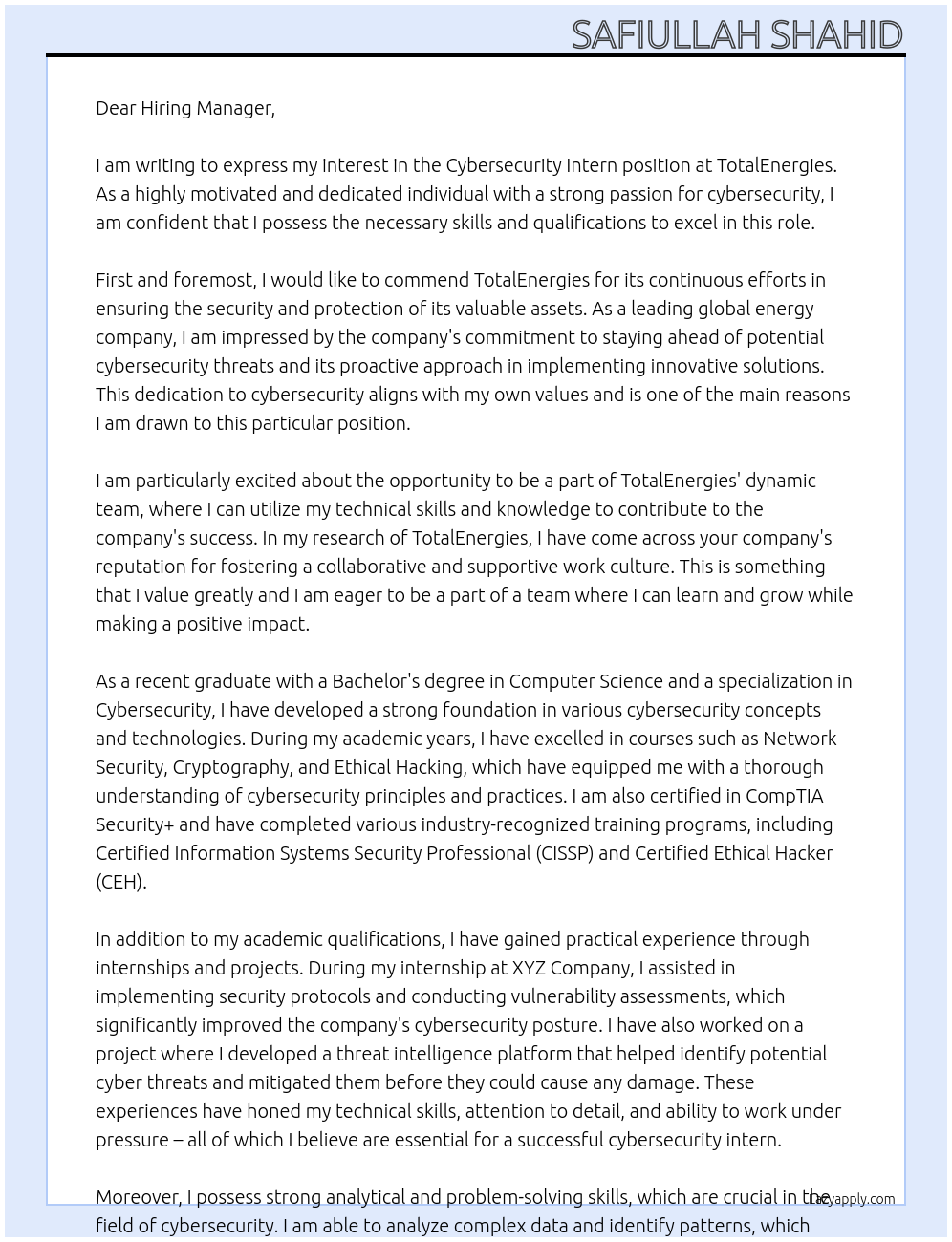 Cybersecurity Intern At TotalEnergies Cover Letter