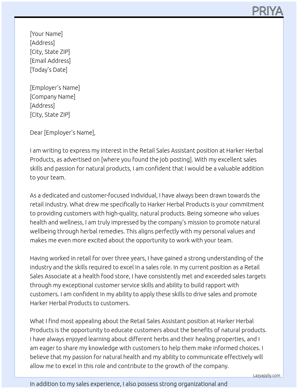 retail sales assistant At Harker Herbal Products Cover Letter