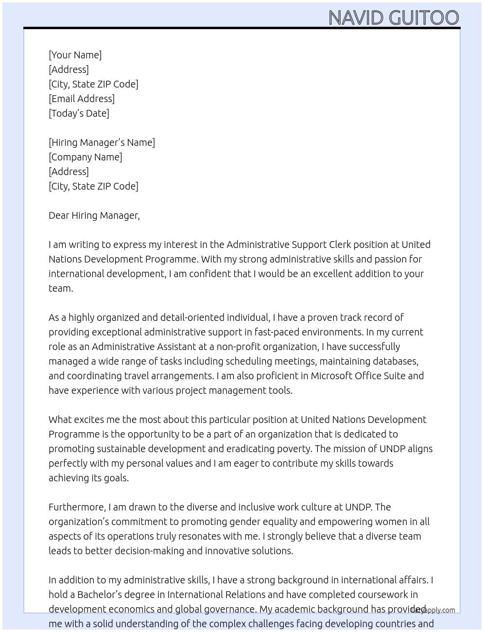 Administrative Support Clerk At United Nations Development Programme Cover Letter