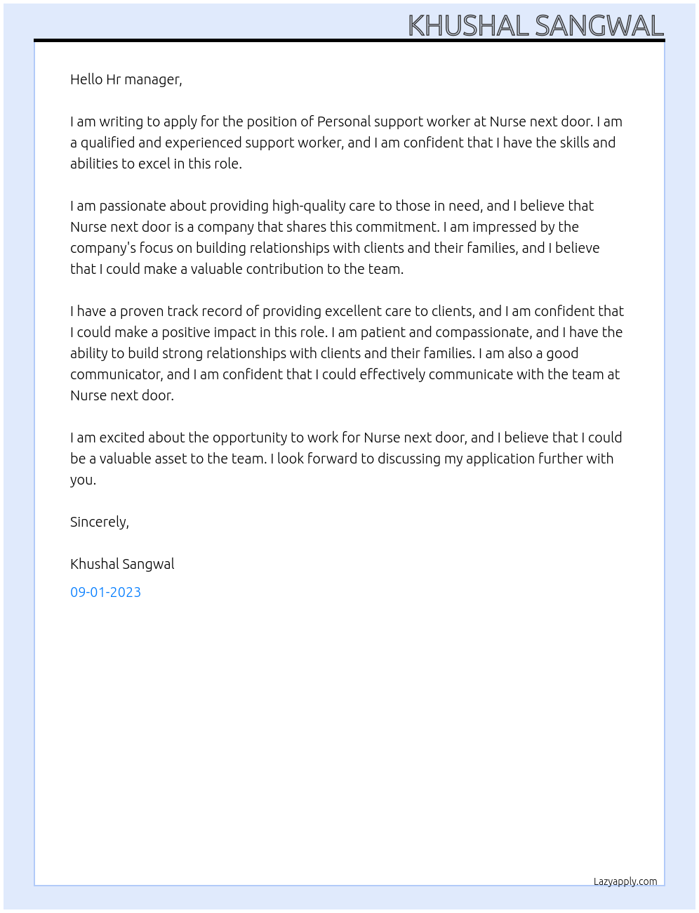 Personal support worker At Nurse next door Cover Letter