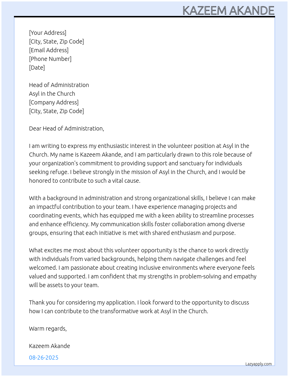 Cover letter for volunteer - LazyApply