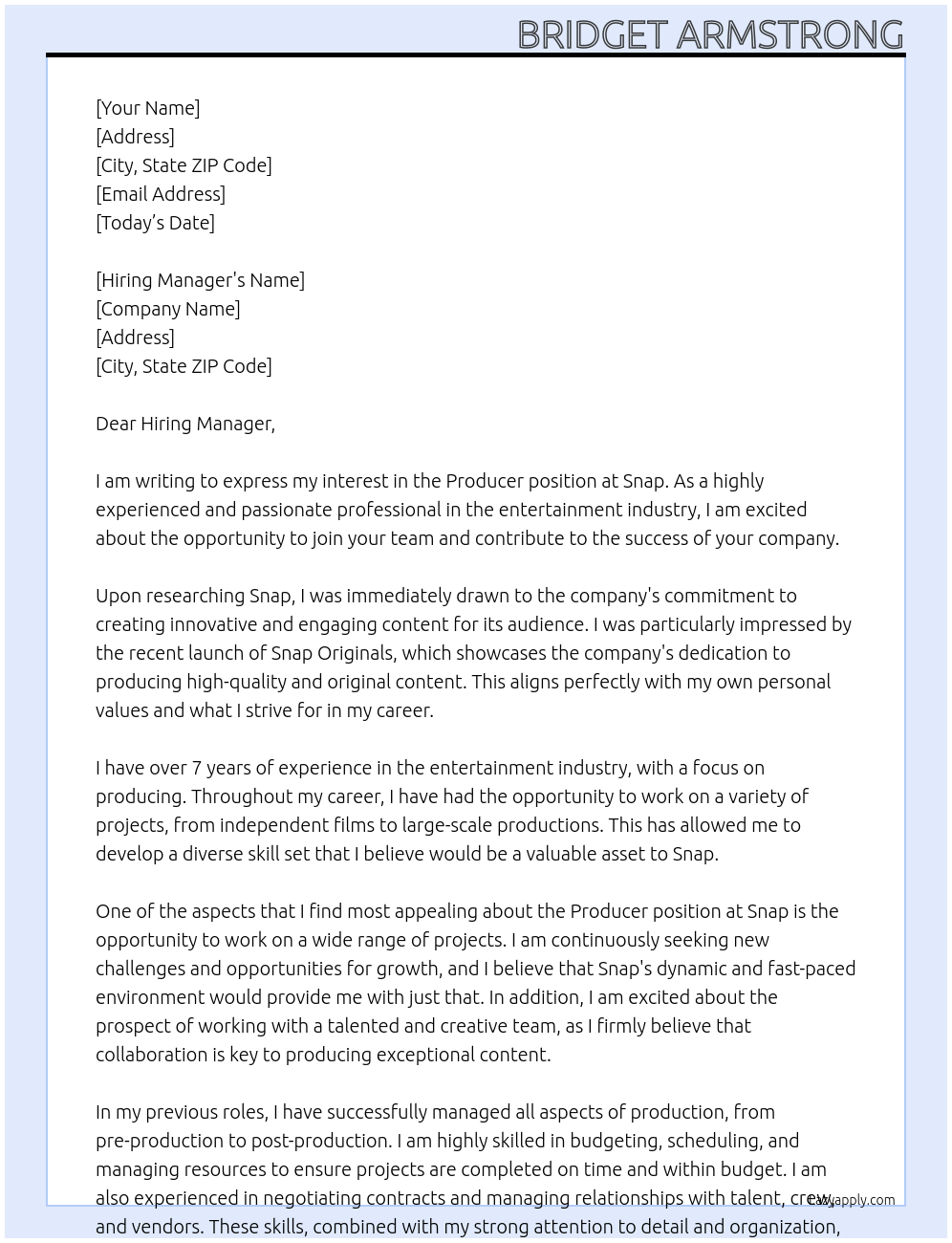 Producer At Snap Cover Letter