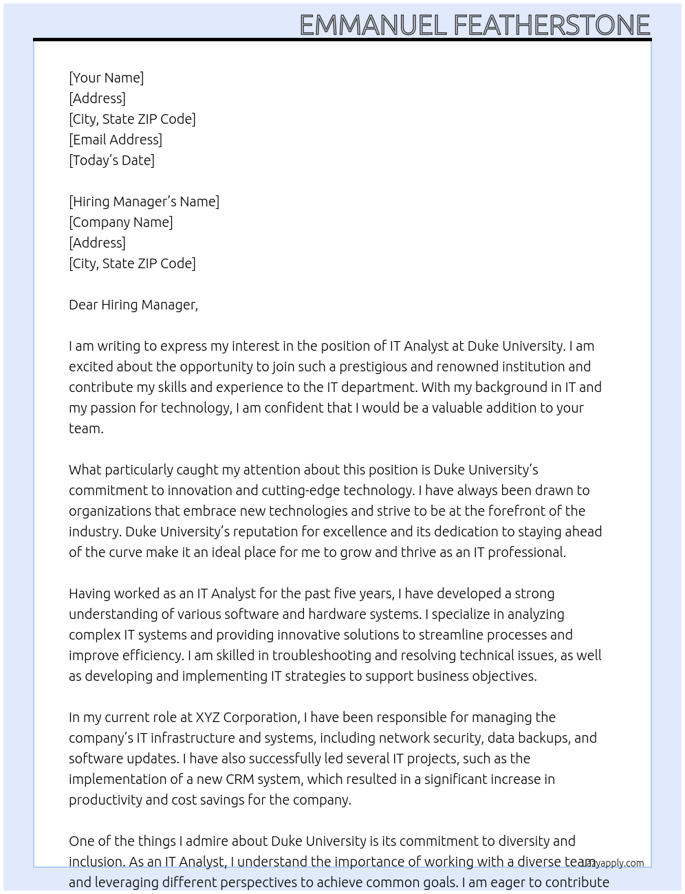 Cover letter for it analyst - LazyApply