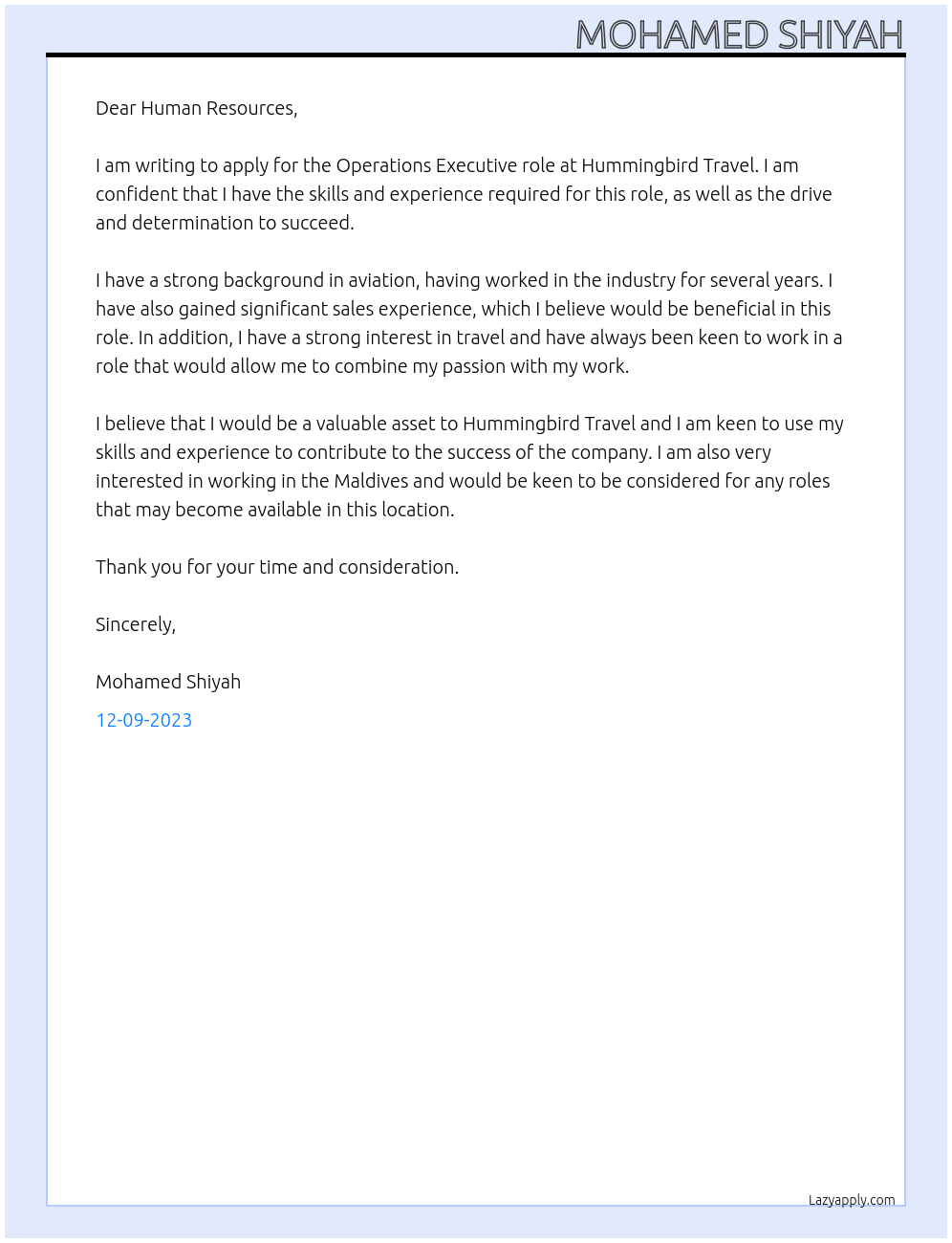 Operations Executive At Hummingbird Travel Cover Letter
