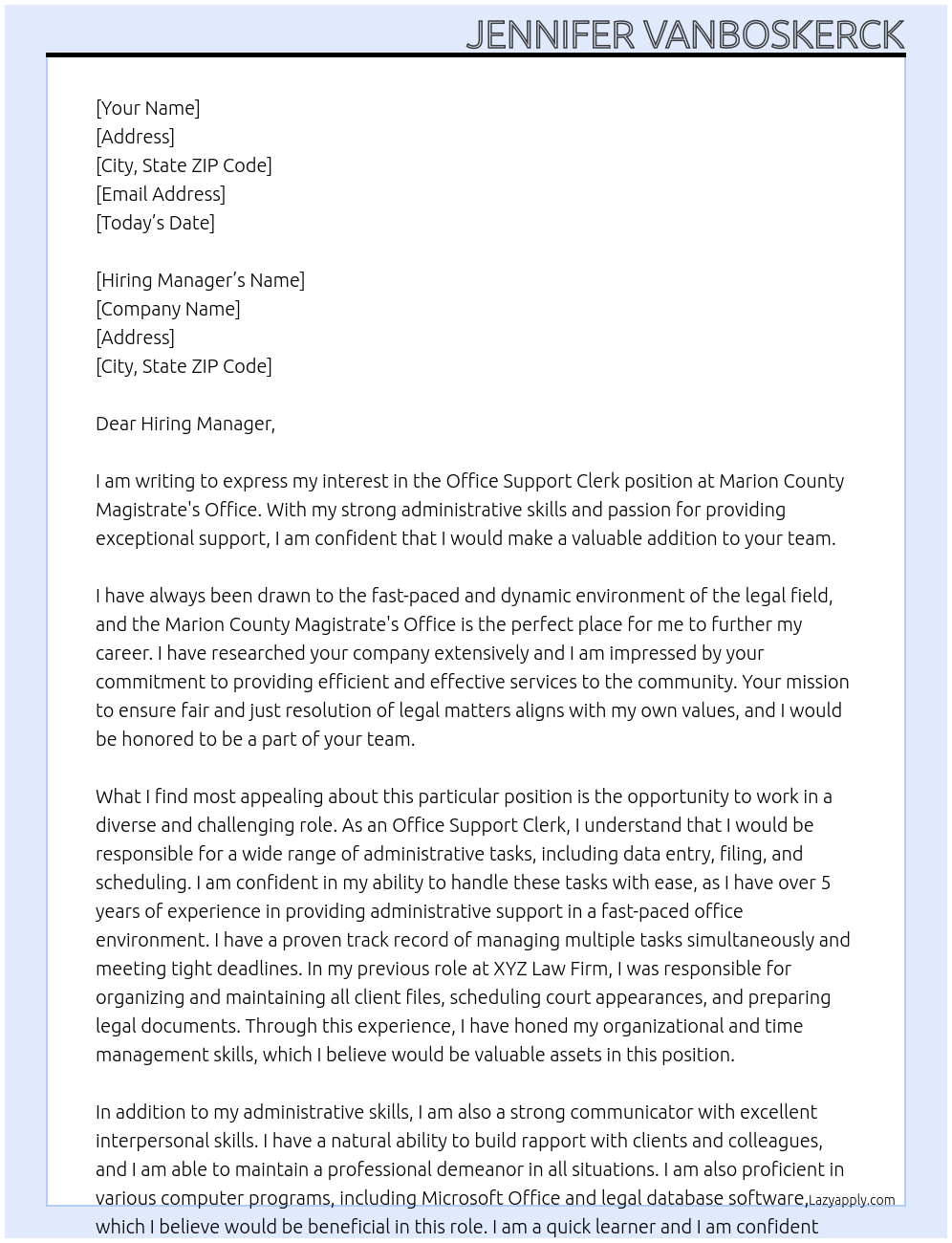 office support clerk  At Marion County Magistrate's Office Cover Letter