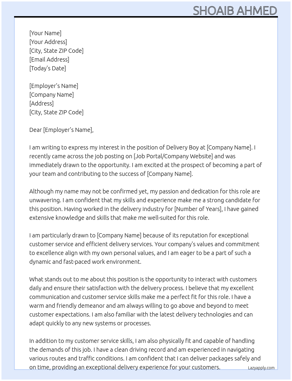 Delivery boy At Still not confirmed Cover Letter