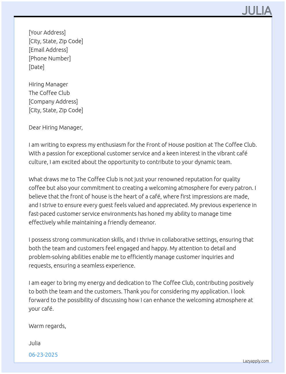 Cover letter for front of house - LazyApply
