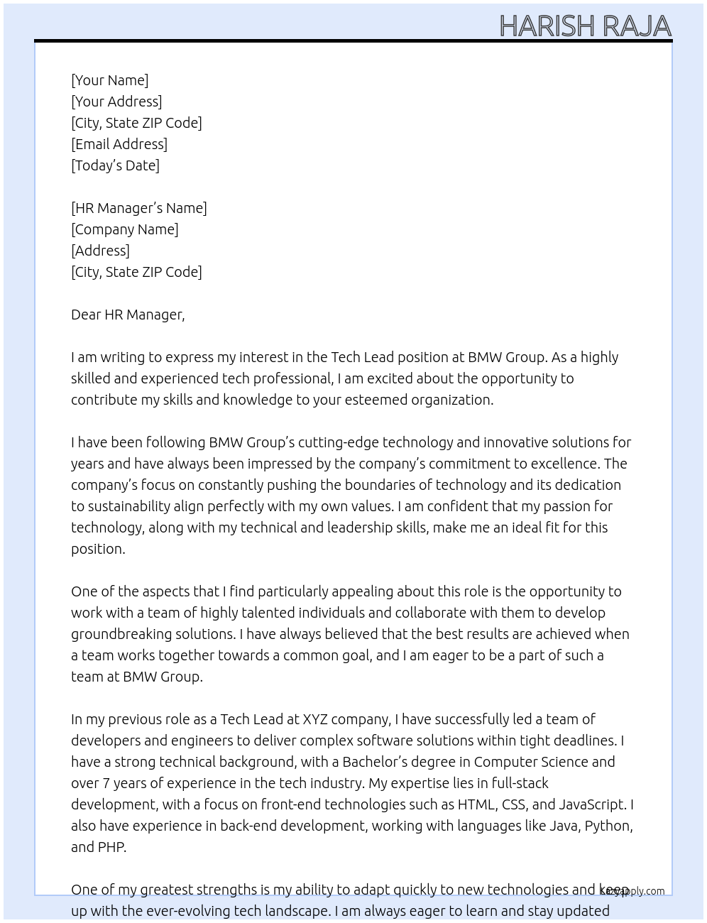 Tech Lead At BMW Group Cover Letter