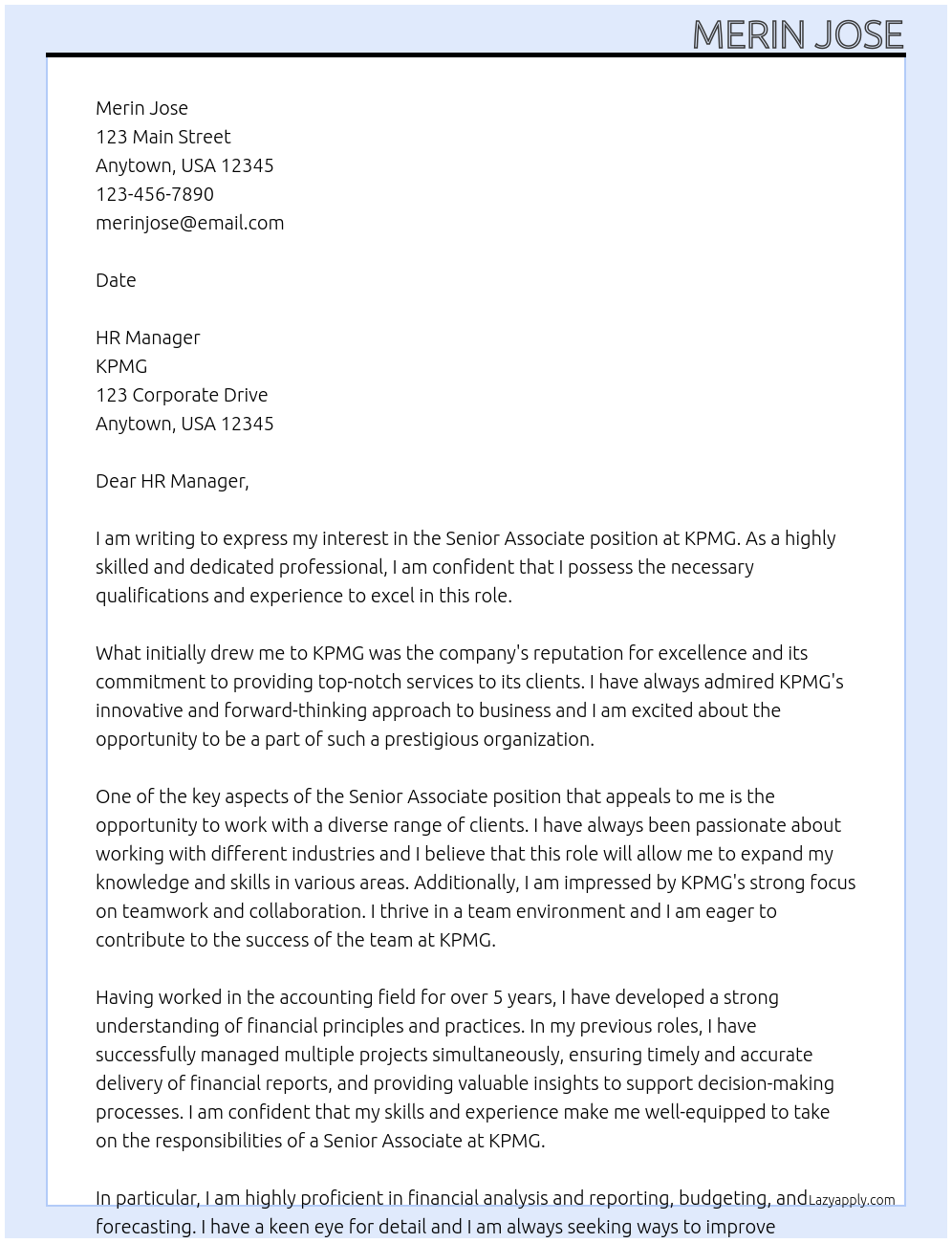 Senior Associate At KPMG Cover Letter