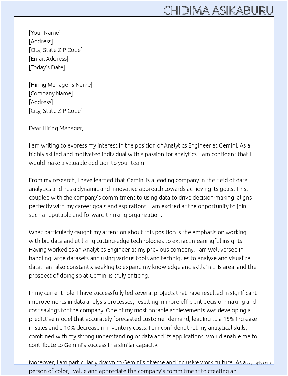 Analytics Engineer  At Gemini Cover Letter