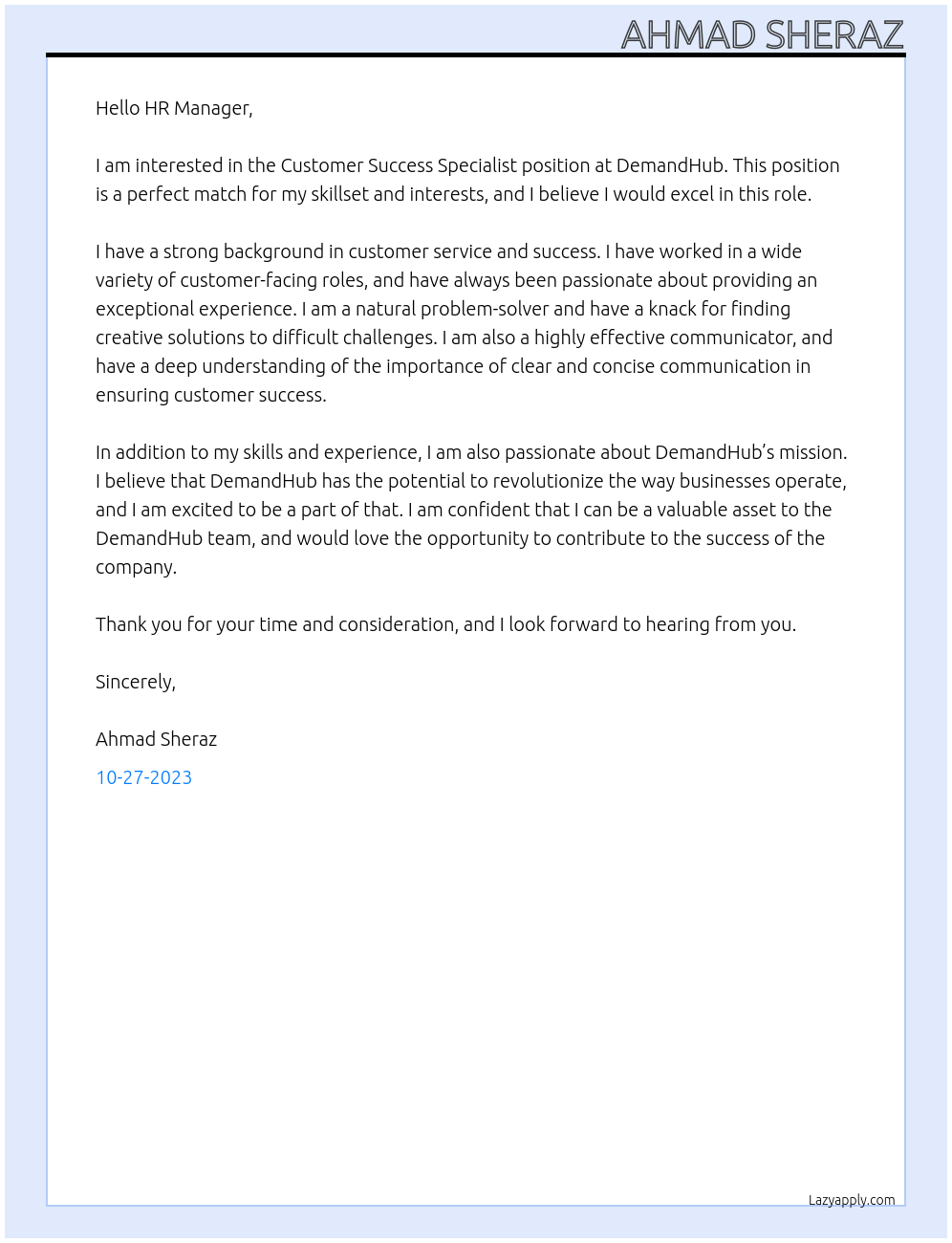 Customer Success Specialist At DemandHUb Cover Letter