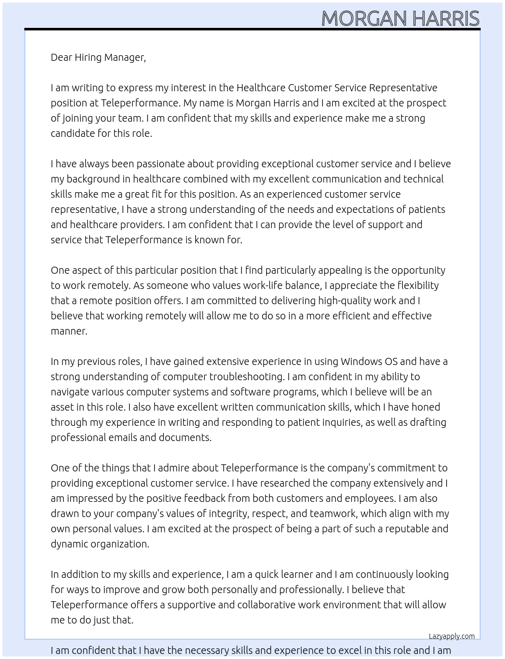 Healthcare Customer Service Representative At Teleperformance Cover Letter
