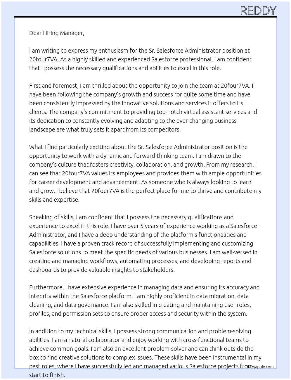 Sr. Salesforce Administrator At 20four7VA  Cover Letter