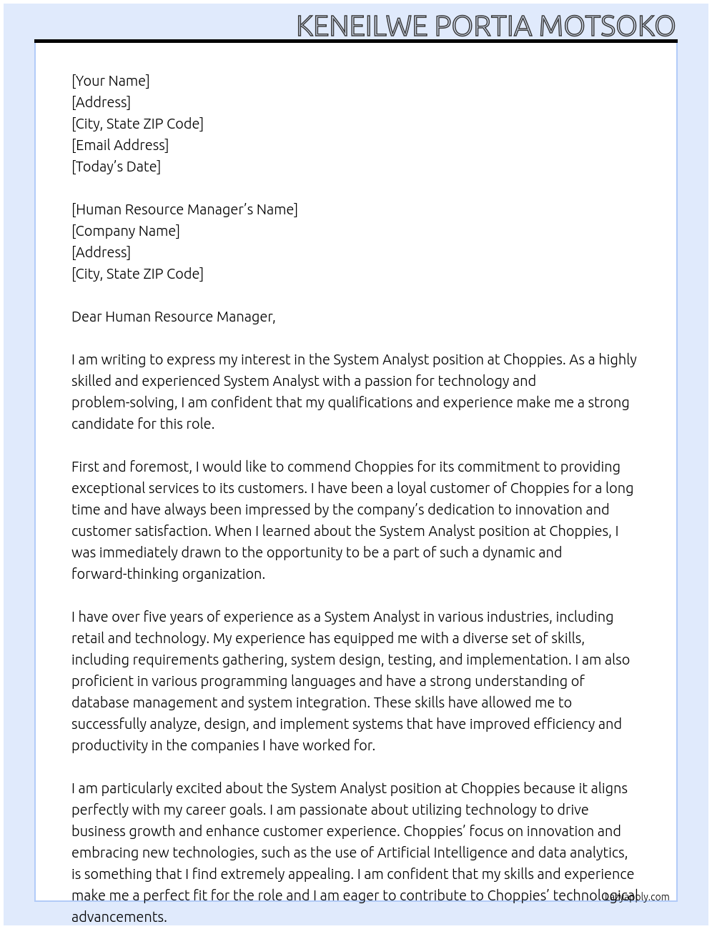 System analyst At Choppies Cover Letter