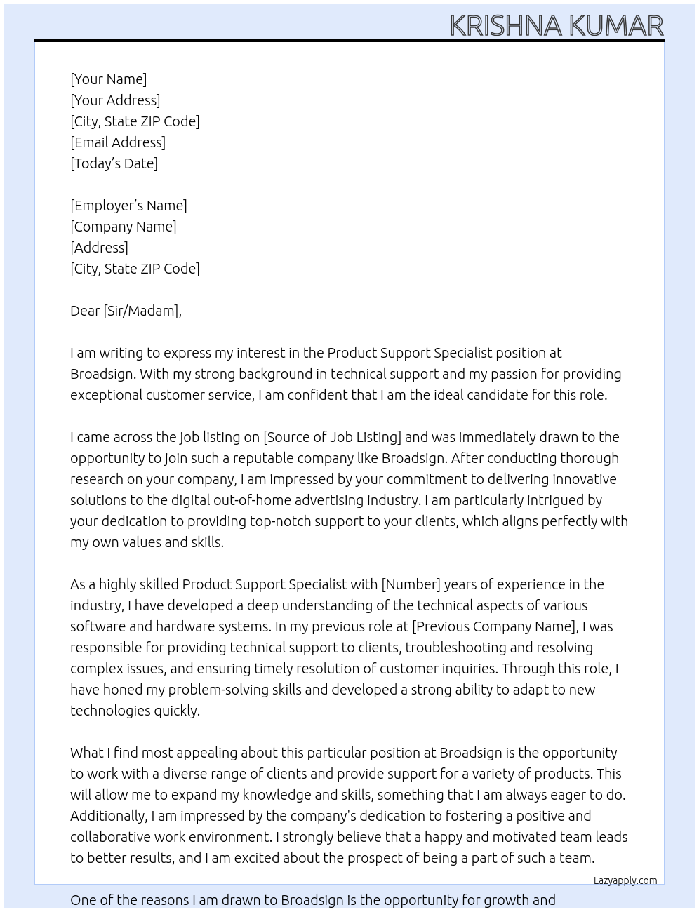 Product Support Specialist  At Broadsign  Cover Letter