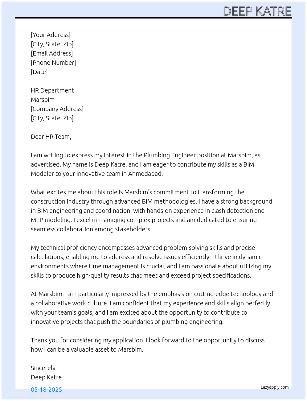 Cover letter for plumbing engineer - LazyApply