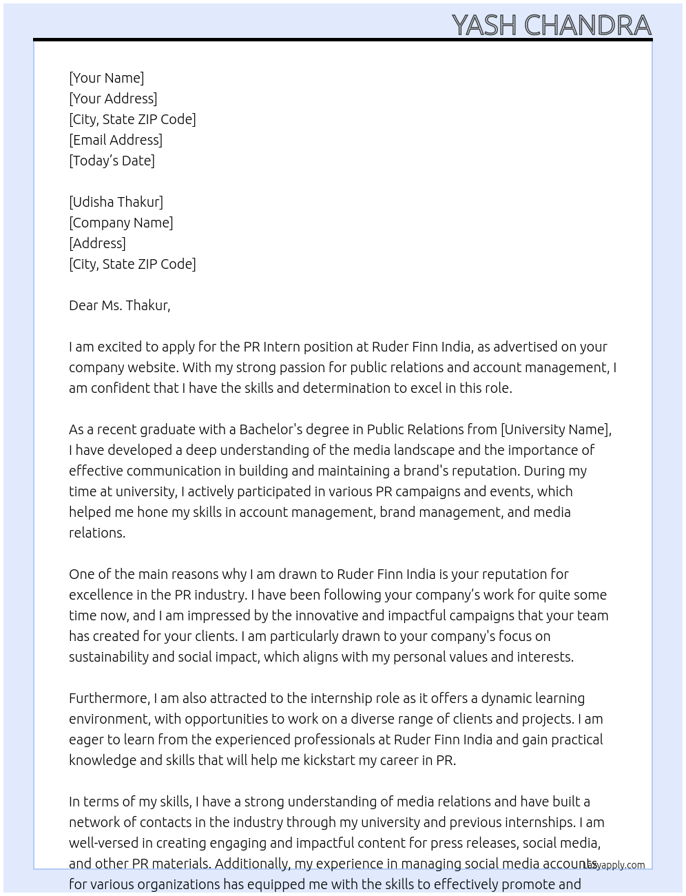 PR Intern At Ruder Finn India Cover Letter