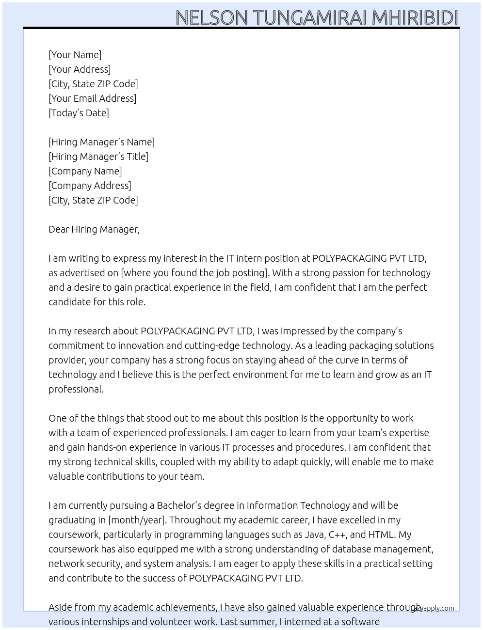 IT intern At POLYPACKAGING PVT LTD Cover Letter