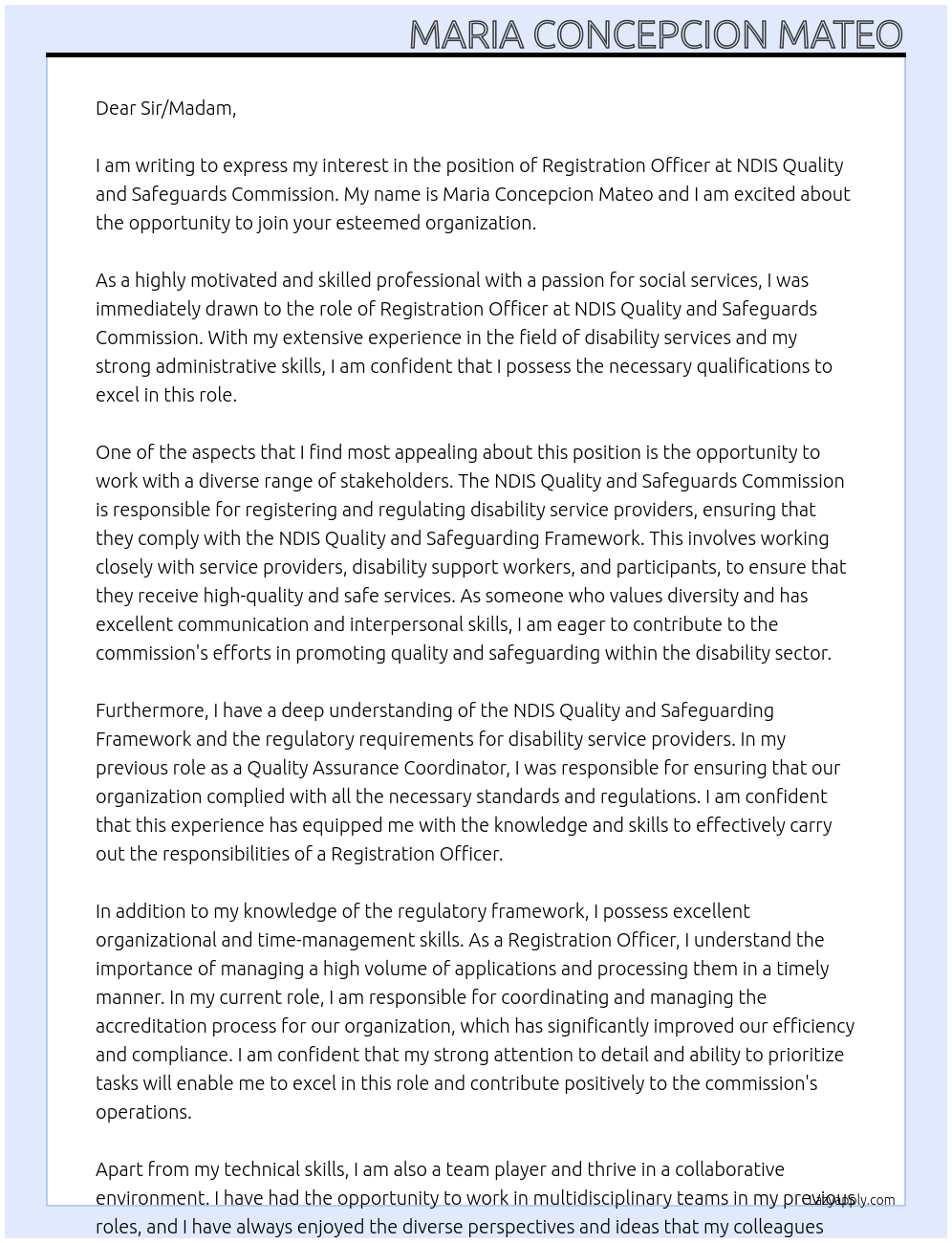 Registration Officer At NDIS Quality and Safeguards Commission Cover Letter