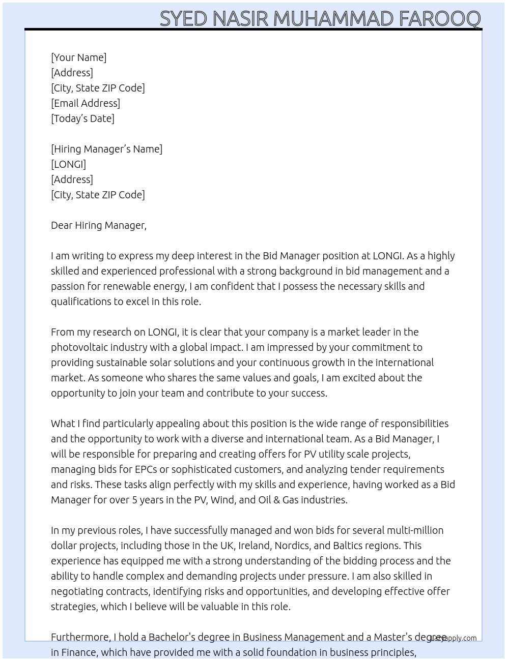 Bid Manager At LONGI  Cover Letter